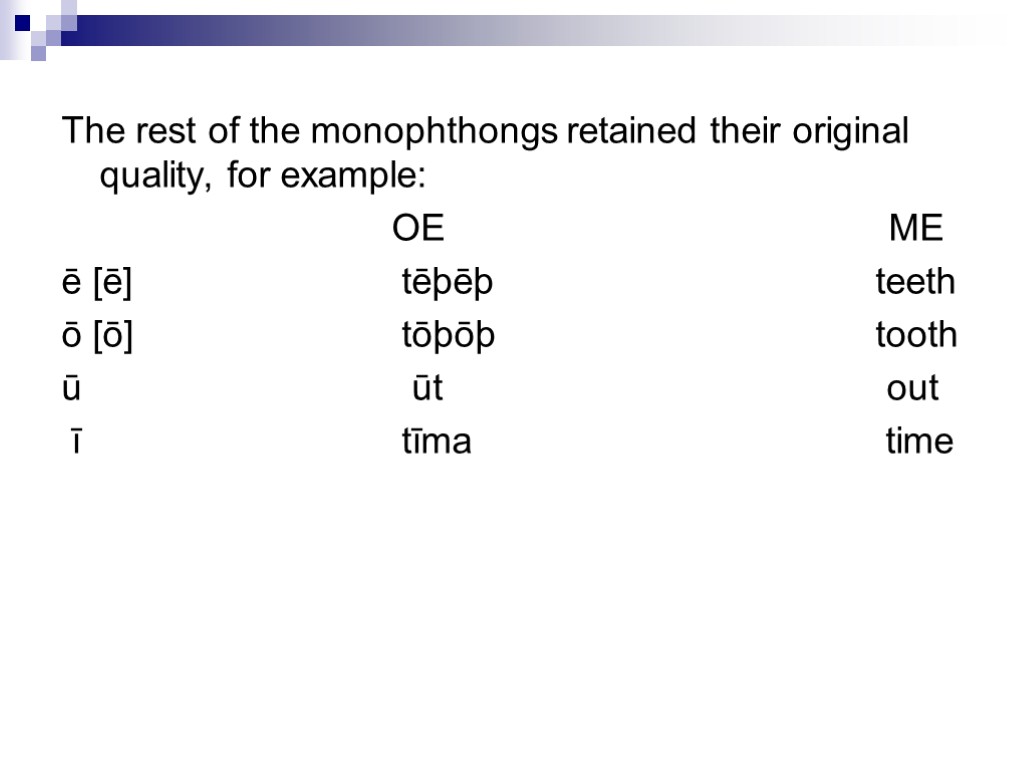 The rest of the monophthongs retained their original quality, for example: OE ME ē